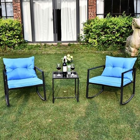 Amazon Com Usserenay 3 Pieces Patio Rocking Wicker Bistro Set Outdoor Patio Furniture Sets Bistro Set Rattan Chair Set With Two Chairs Coffee Table Cushions Black Rattan Blue Cushion Garden Outdoor