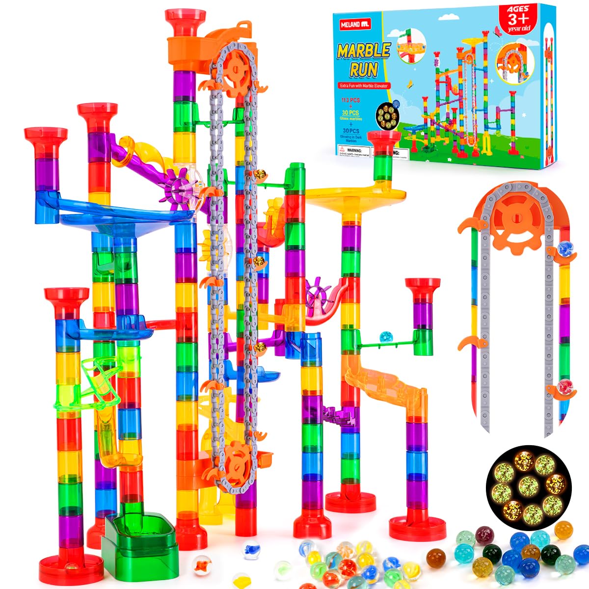 Photo 1 of 247Pcs Marble Run with Motorized Elevator, Construction Building Blocks Toys with 30 Glass Marbles and 30 Glow in The Dark Marbles, STEM Gifts for Boys and Girls