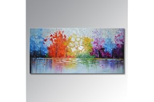 EVERFUN ART Hand Painted Palette Knife Oil Painting Modern Abstract Wall Art Hanging Lake Scenery Landscape Canvas Picture Framed Ready to Hang 40" W x 20" H