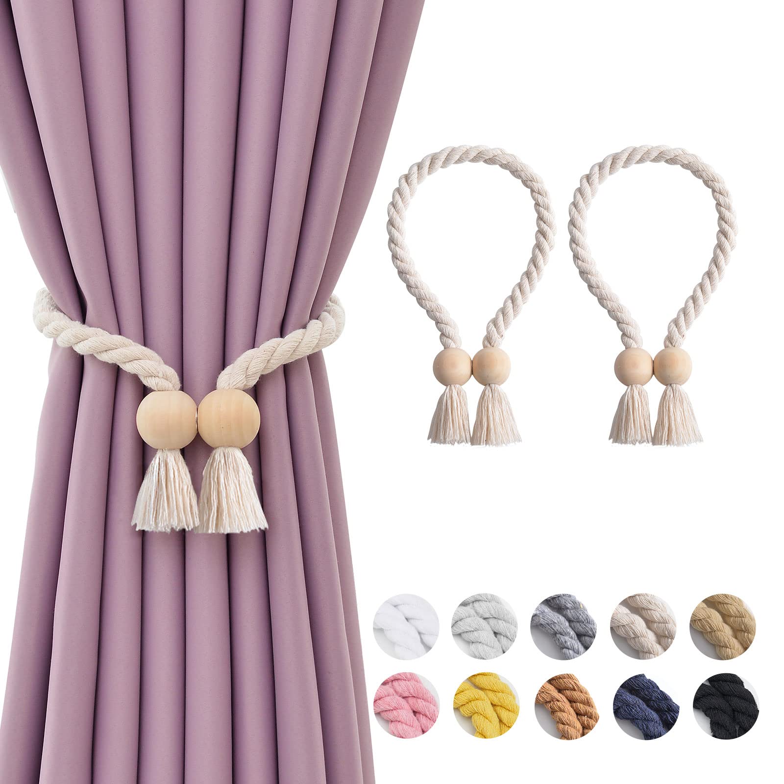 Pretty Jolly 2 Pack Wooden Ball Magnetic Curtain Tiebacks Boho Home Decor Drape Tie Backs Natural Cotton Hand Woven Rope Curtain Holdbacks for Thin & Thick Home & Office Window Draperies (Beige)