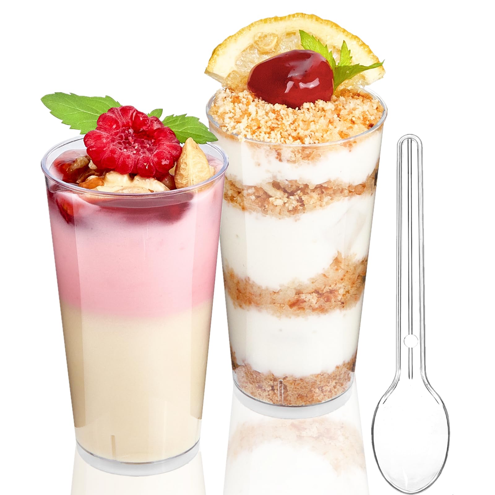 Photo 1 of TOFLEN 50 Pack 3 oz Round Mini Dessert Cups with Spoons Clear Plastic Dessert Shooter Cups for for Party, Yogurt, Parfait, Cheesecake, Pudding, Jello and Appetizers