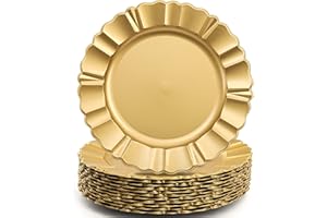 Cedilis 12 Pack Gold Plastic Charger Plates, 13 Inch Round Charger for Dinner Plate, Fluted Edge Charger Plates for Wedding P