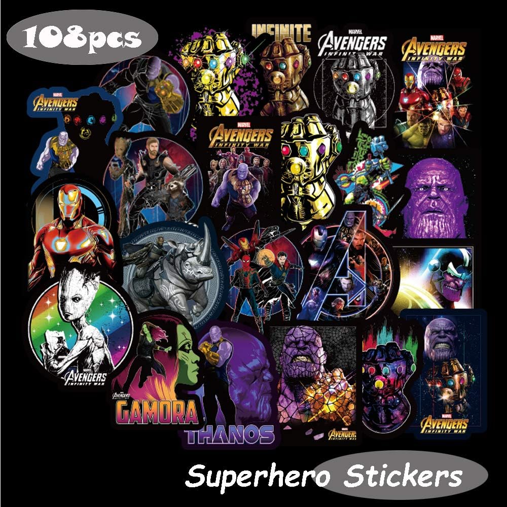 Marvel Avengers Laptop Stickers Decal-108pcs Waterproof Graffiti Stickers Water Bottle Vinyl Sticker Decals for Superheros,MacBook Car Helmet Bike Motorcycle Bumper (Not Random)