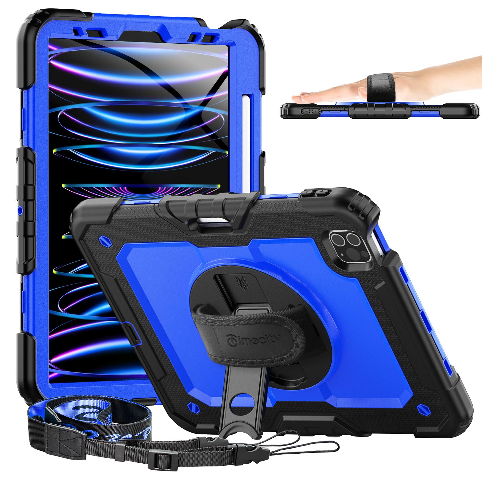 Photo 1 of Timecity Case for iPad Pro 11 inch 4th Generation 2022, Shockproof Case with Screen Protector &Pencil Holder+Rotating Stand+Handle for iPad Pro 11 2021/2020/2018 (3rd, 2nd, 1st Gen) - Dark Blue