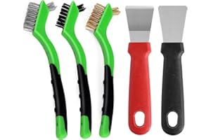 SANJIAN Wire Brush Set for Cleaning,5Pcs Small Stainless Steel/Brass/Nylon Brushes with Different Types Paint Scraper for Dirt ,Paint and Rust Remover,Soft Curved Handle Grip