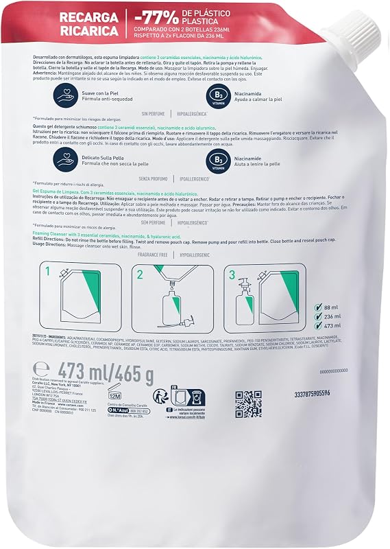 CeraVe Foaming Cleansing Gel Refill, Para Pele Normal a Oleosa, Remove o Excesso de Sebo, Enriquecido com Ceramidas Essenciais, Niacinamida e Ácido Hialurónico, Adequado para Rosto e Corpo, 473 ml