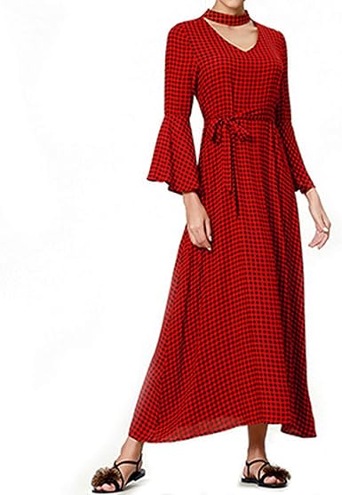 Amazon.com: Hopereo Long Red Vintage Plaid Women's Dress High Waist Wrist Flare Sleeve Halter 