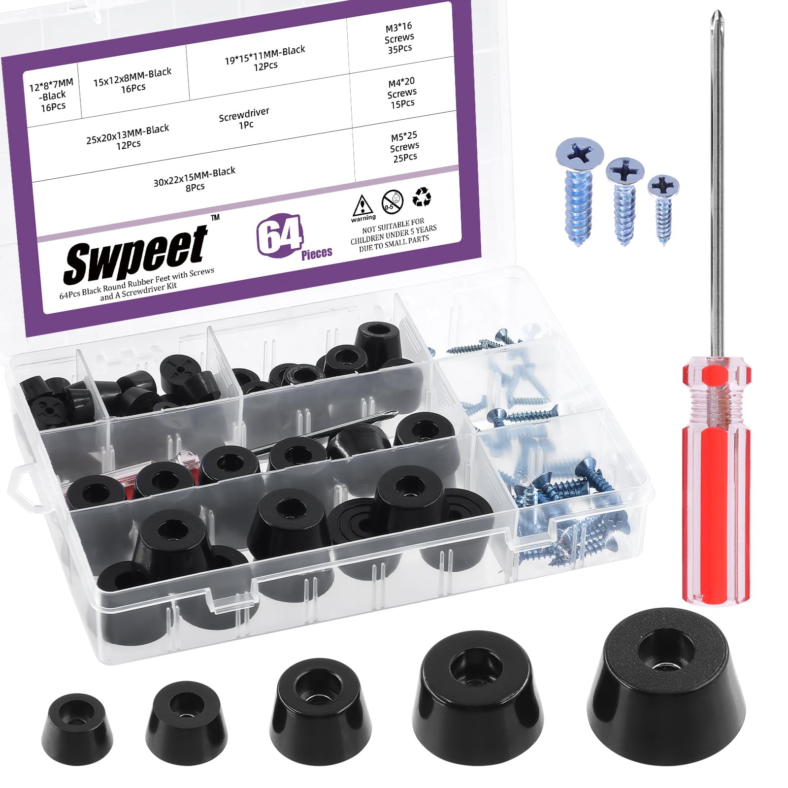 Swpeet 140Pcs Five Sizes 0.47''×0.28'' 0.59''×0.31'' 0.75''×0.43'' 1''×0.51'' 1.18''×0.59'' (W×H) Black Round Rubber Pads Assortment Kit with M3 M4 M5 Screws and Screwdriver Rubber Pads for Furniture
