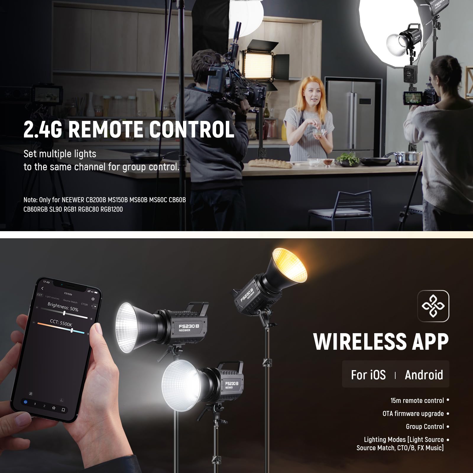 NEEWER FS150B LED Video Light 2.4G/APP Control,130W Bi Color COB Silent Photography Continuous Output Lighting with 4 Types Precise Dimming, 72000lux/1m, 2700K-6500K, CRI 97+,12 Effects, Bowens Mount