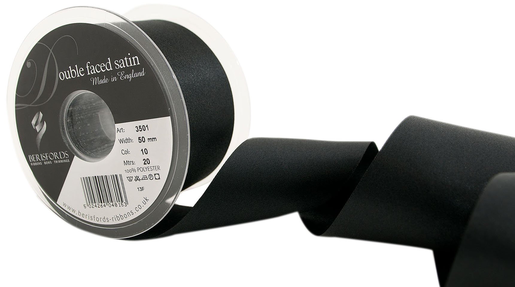 Berisfords 3501 50mm 10 Black Double Satin Ribbon x 20mtr, 20m
