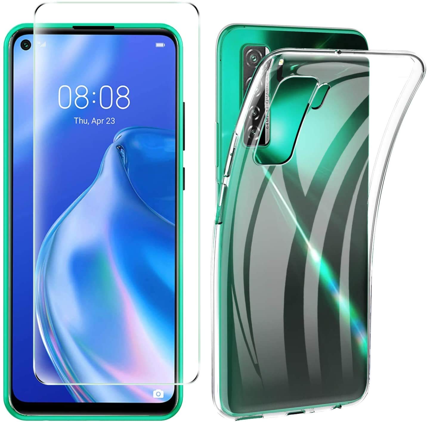 RKVMM Huawei P40 Case, with [2 x Tempered Glass Screen Protector], Soft Silicone TPU Anti-Scratch Clear Back Case For Huawei P40