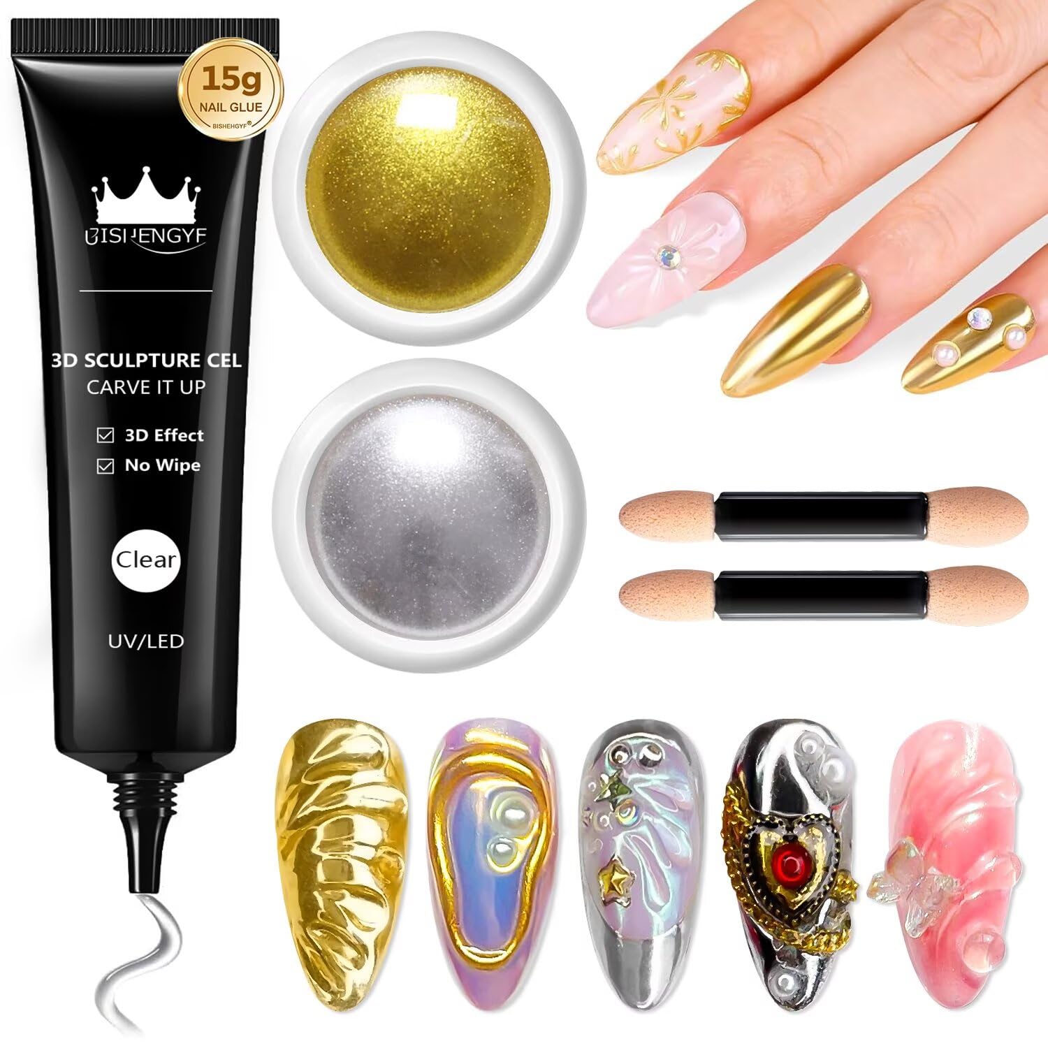 BISHENGYF No Wipe 3D Sculpture Gel: Rose Gold Silver 2 PCS Metallic Mirror Effect Chrome Nail Powder and Embossing 3D Nail Gel Set for Nail Designs DIY Nail Painting Carved
