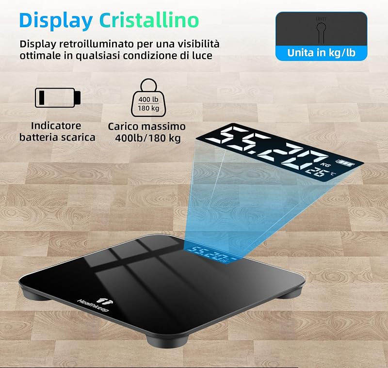 Bilancia pesapersone con sensori ad alta precisione, bilancia digitale per persone con tecnica step-on, bilancia pesapeso in vetro di sicurezza, nero