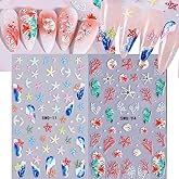 2 Pcs Summer Ocean Nail Stickers for Nail Art, 3D Embossed Starfish Shell Sea Wave Coral Self-Adhesive Nail Decals, Nail Supplies Nail Art Design Accessories for Women Girls Manicure DIY Decoration
