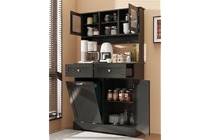 YOCONYO Tilt Out Trash Cabinet,Storage Cabinet,Two Solid Wood Hideaway Trash Holder Drawers,Wooden Freestanding Recycling Cabinets,Trash Can for Kitchen,Black