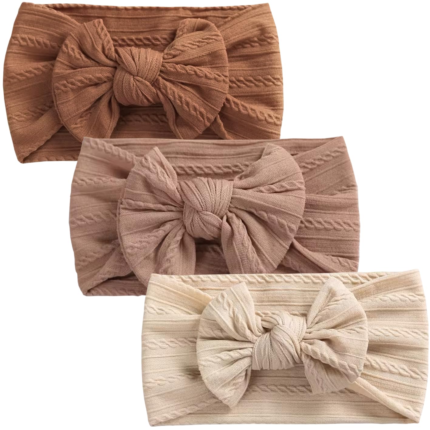3pcs Baby Girl Beige Nylon Cable Bow Headband, Toddler Infant Bow Headband Accessories