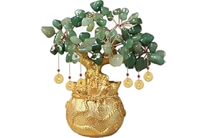Green Aventurine Money Tree – Feng Shui Wealth Prosperity Golden Bag Bonsai Lucky Gemstone Home Office Decor (14cm Height)