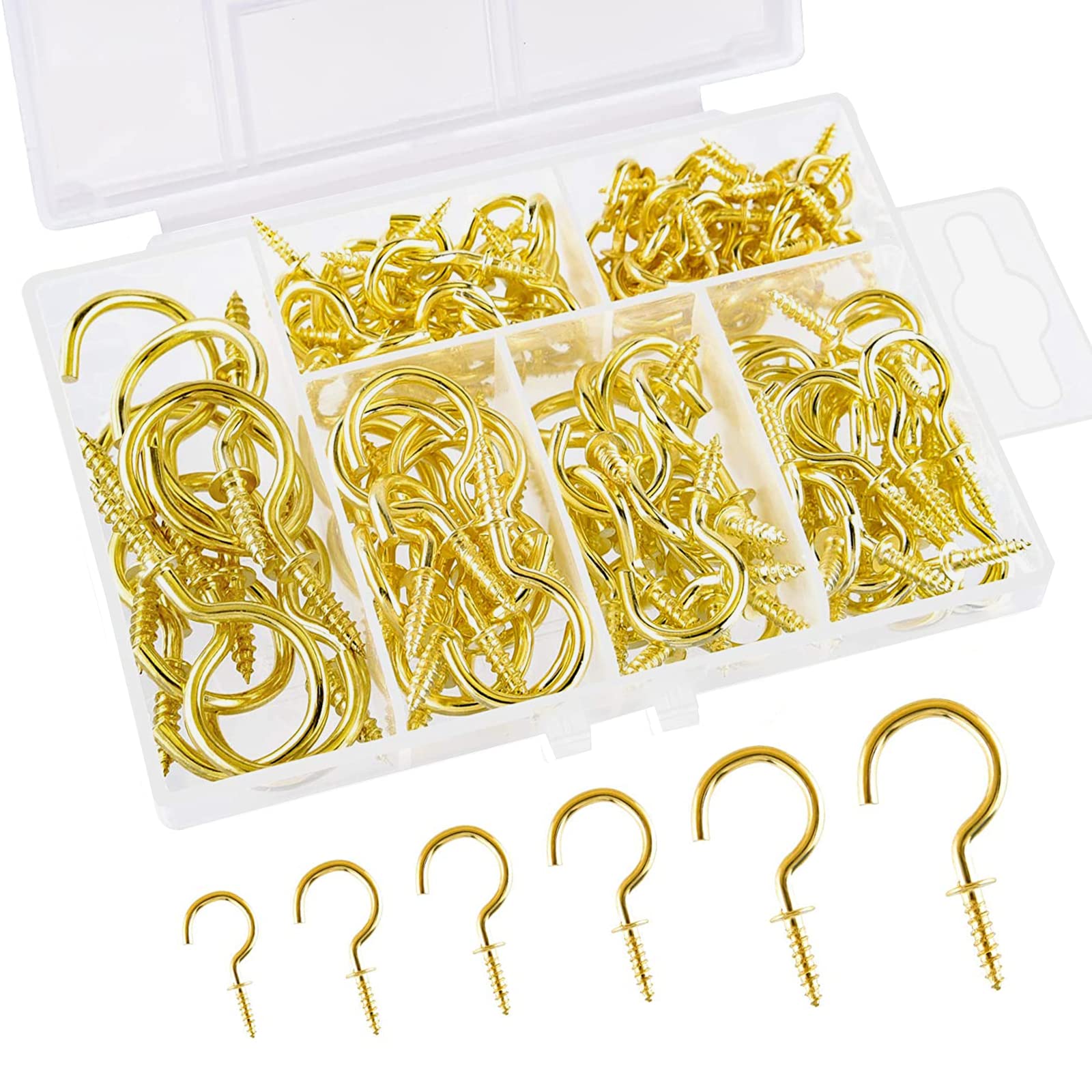 JSUOEO Cup Hooks Heavy Duty, 130PCS Drop Ceiling Hooks Screw Small Hanging Ceiling Hook Metal Multi Size Screw-in Hooks for Hanging Tea Cup Key Indoor and Outdoor Use Gold
