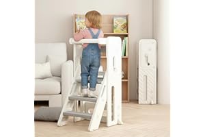 Toddler Learning Tower for Ages 3+, Foldable Kids Step Stool with 2-Level Adjustable Height, Full Safety Rail, Anti-Slip Kitc