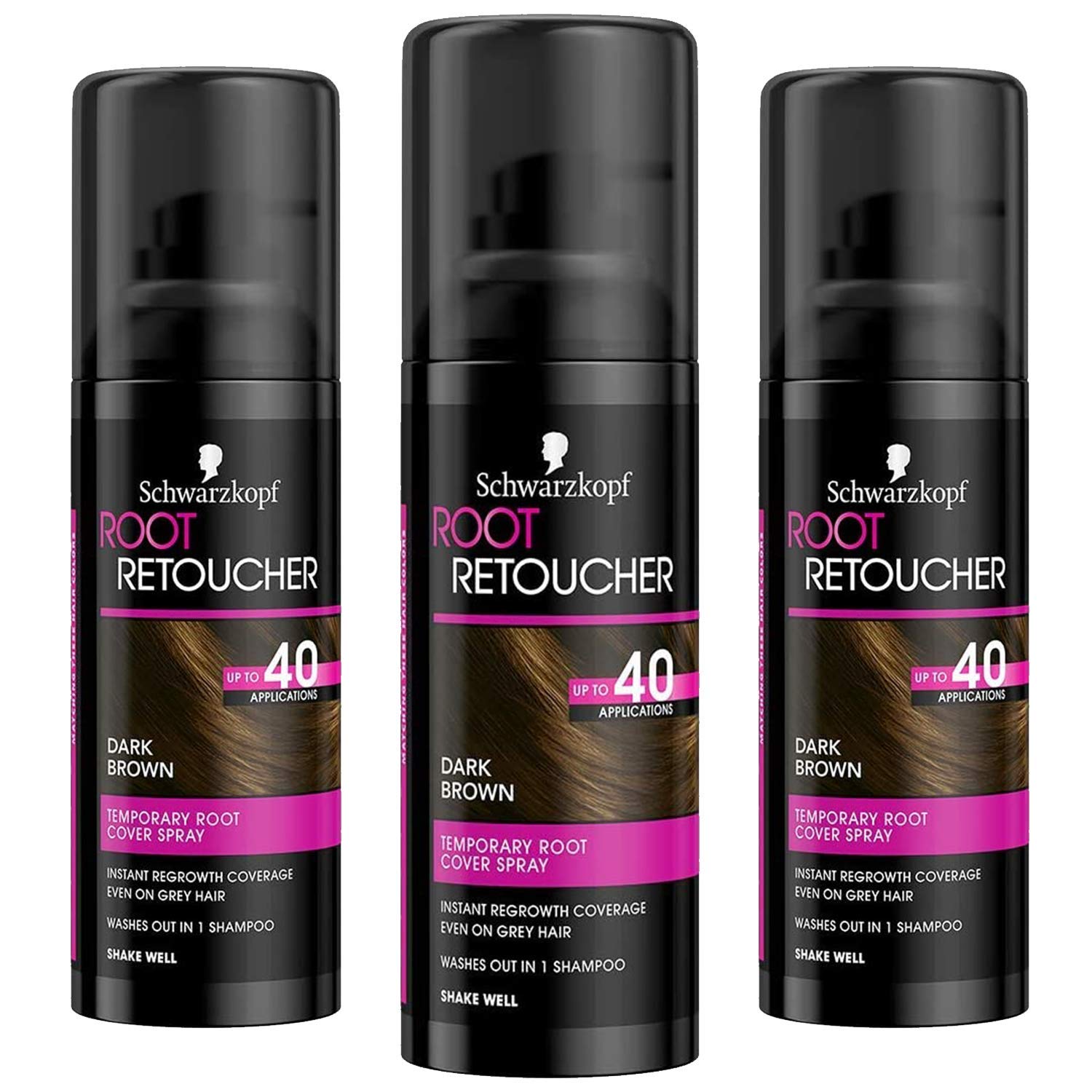 Schwarzkopf Root Retoucher, Instant Temporary Hair Dye Spray for Brunette Regrowth, 40 Applications, 3 x 120ml, Dark Brown