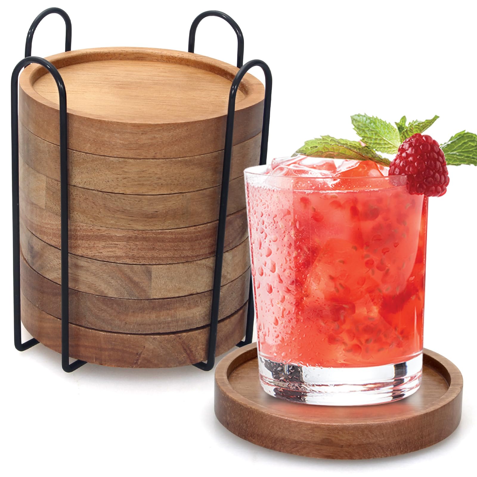 Photo 1 of Rustic Wooden Coasters Set of 8 Farmhouse Coffee Table Decor Acacia Wood Drink Coaster with Holder Modern Outdoor Bar Cool Cup Costers Kitchen Accessories Decoration Home Dining Coasters Gift