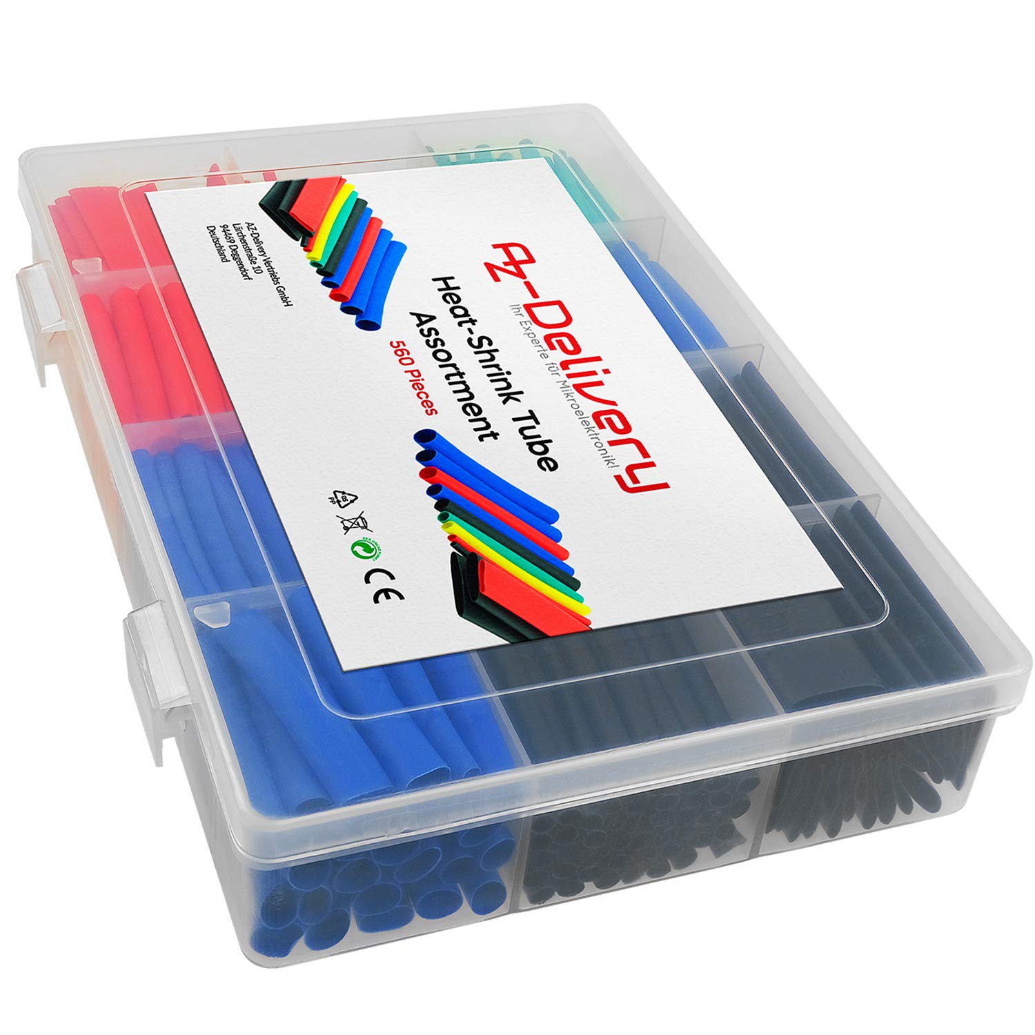 AZDelivery Heat Shrink Tubing Set, 560 pcs 5 colour Heat Shrink Wrap, Insulation Resilient Heat Shrink Tube for Cable Wire, 2:1 Shrink Ratio 12 Sizes, including E-Book!