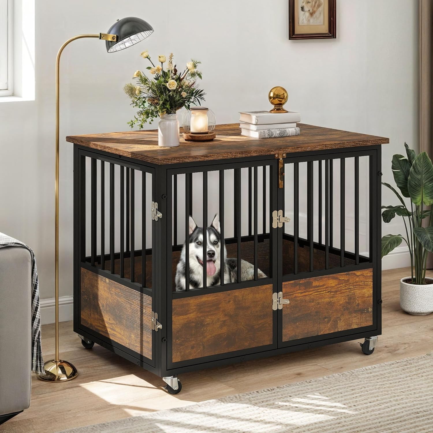 Photo 1 of ** VERY USED** DWVO Dog Crate Furniture with Wheels, 38 Inch Dog Kennel Indoor Furniture End Table Dog Crate for Dogs, Farmhouse Decorative Wooden Dog Cage Table with Double-Doors, Chew-Resistant, Rustic Brown