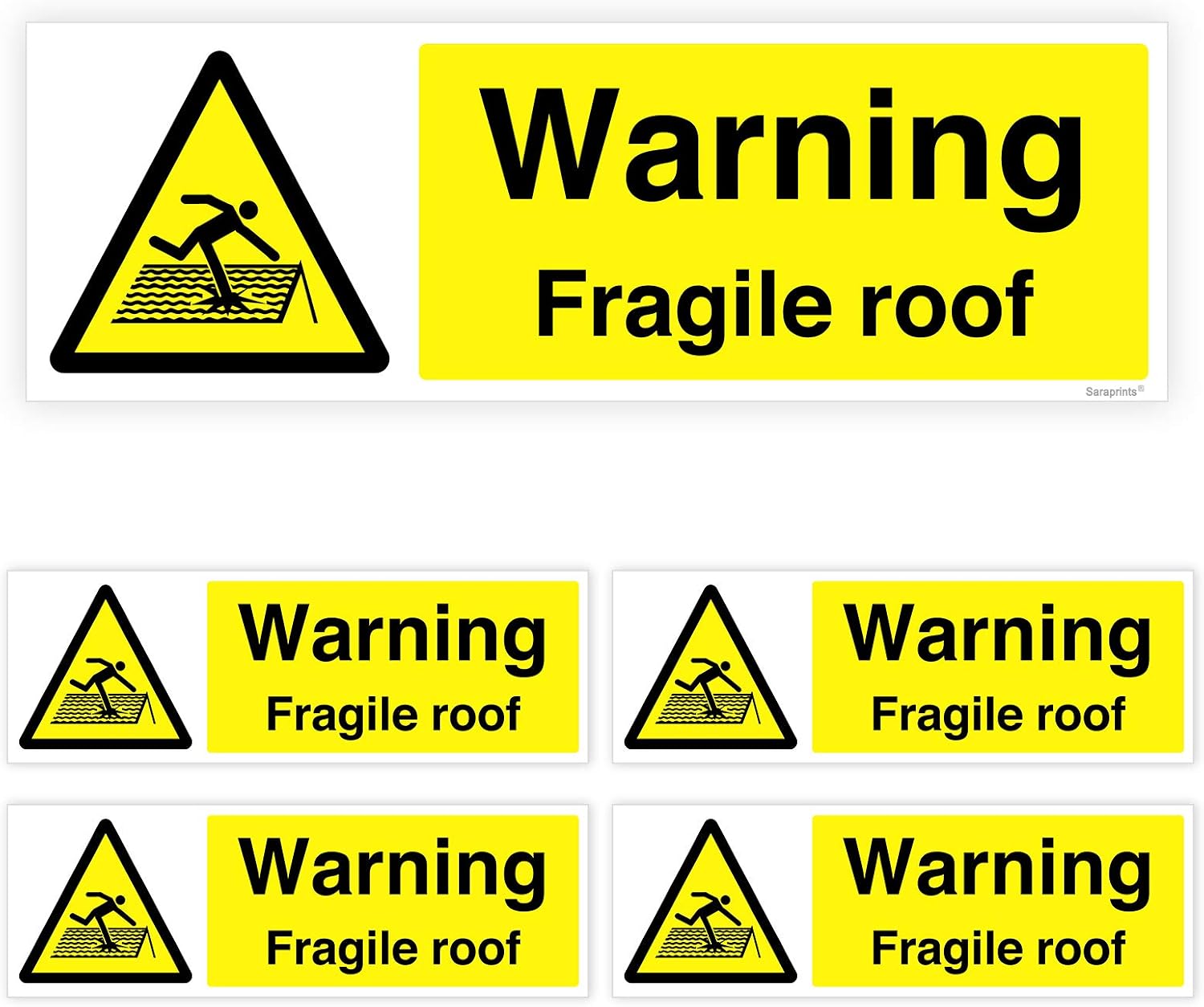Pack of 5 Fragile Roof Warning Sign Self Adhesive (100 x 300 mm) Waterproof Fragile Roof Sign Stickers Sara Prints®