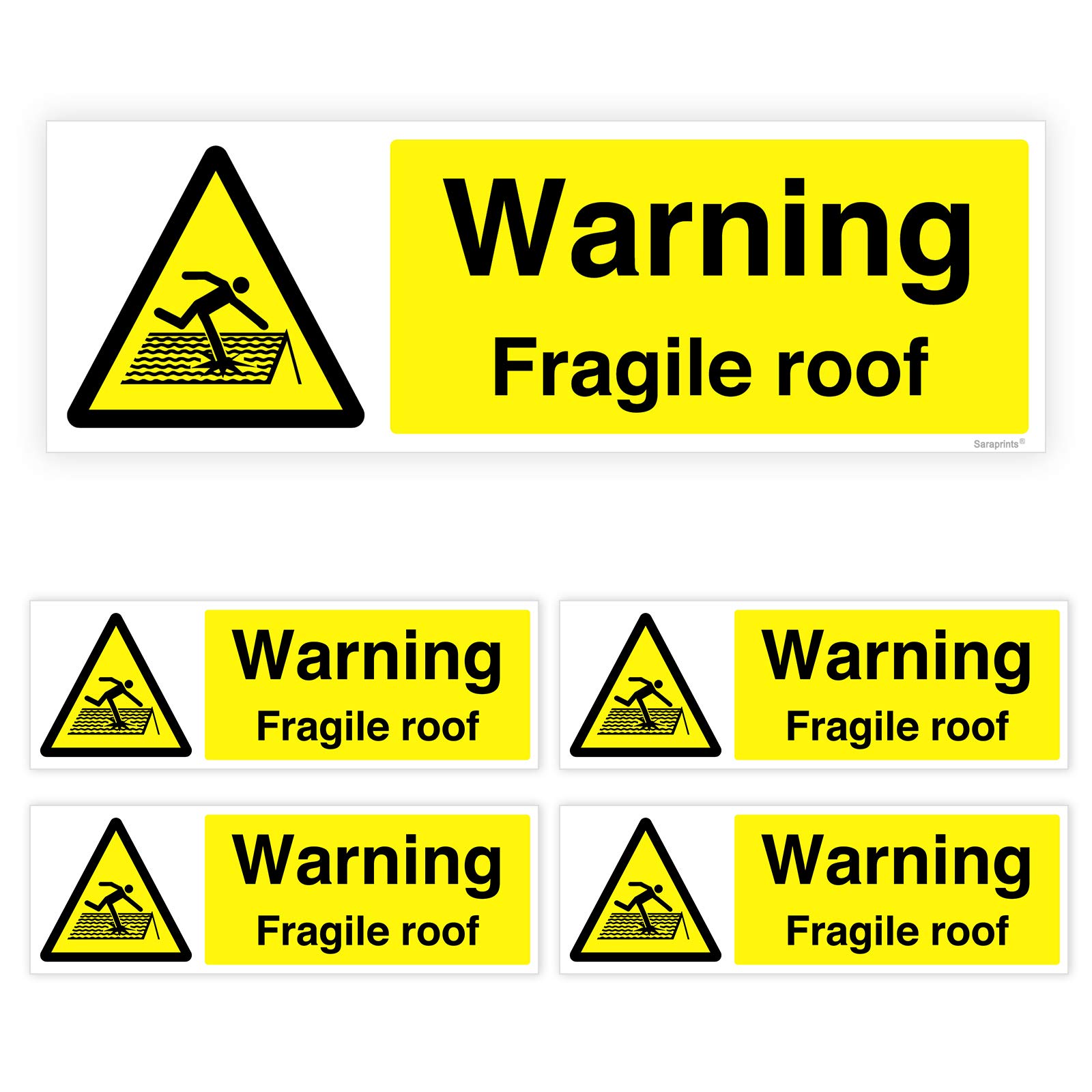 Pack of 5 Fragile Roof Warning Sign Self Adhesive (100 x 300 mm) Waterproof Fragile Roof Sign Stickers Sara Prints®