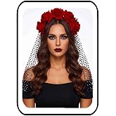 HEREAD Red Flower Headband Black Rhinestone Gothic Mesh Veil for Women | Floral Headbands Halloween Costume Headwear Dead Veils Hair Accessories