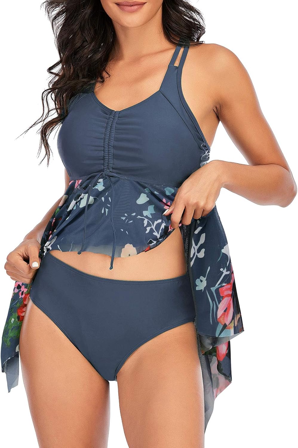 Century Star Women's Swimsuits Bathing Suits for Women Tummy Control Two Piece Swimsuits for Women Tankini Swimming Grey Flower 12-14: Clothing