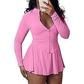 Adogirl Womens Sexy Flared Tennis Skirt Sets Slim Zip Up Jacket 2 Piece Outfits Athletic Matching Mini Dress with Shorts