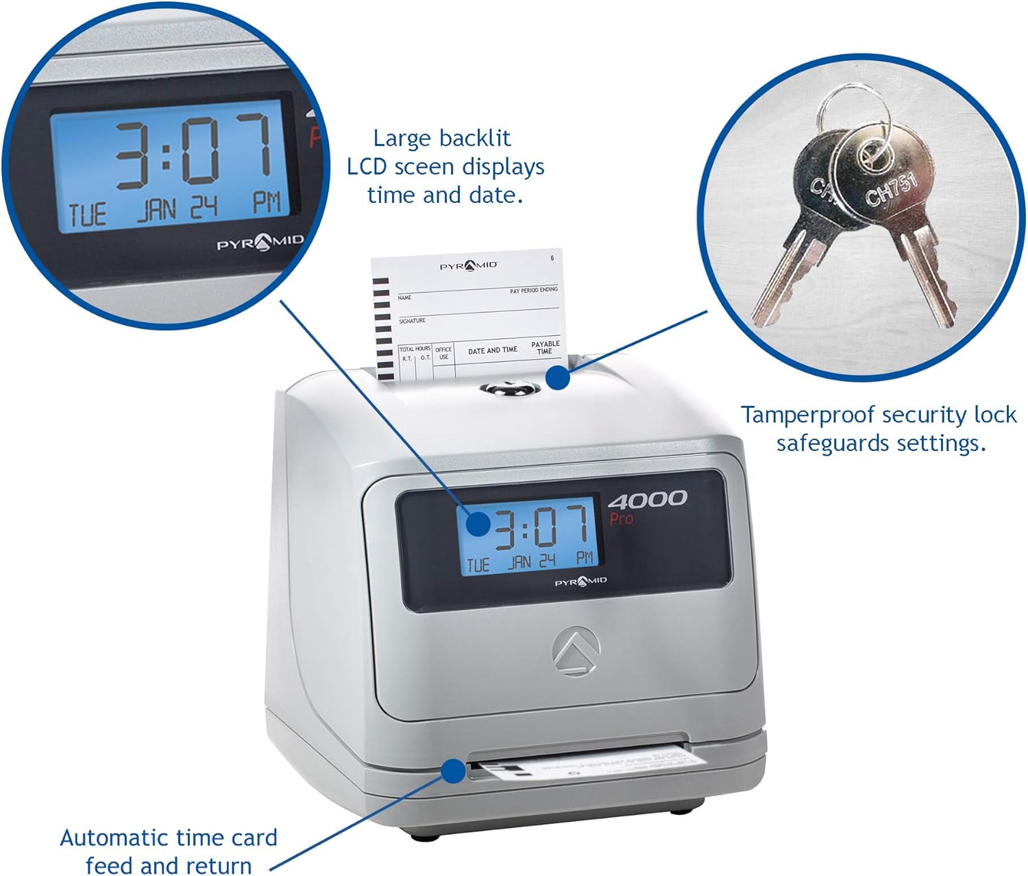 Pyramid Time Systems Model 4000 Auto Totaling Time Clock, 50 Employees, Includes 25 time Cards, Ribbon, 2 Security Keys and User Guide, Made in USA, Silver, "7.25""h x 7""w x 6.75"" d": Office Products