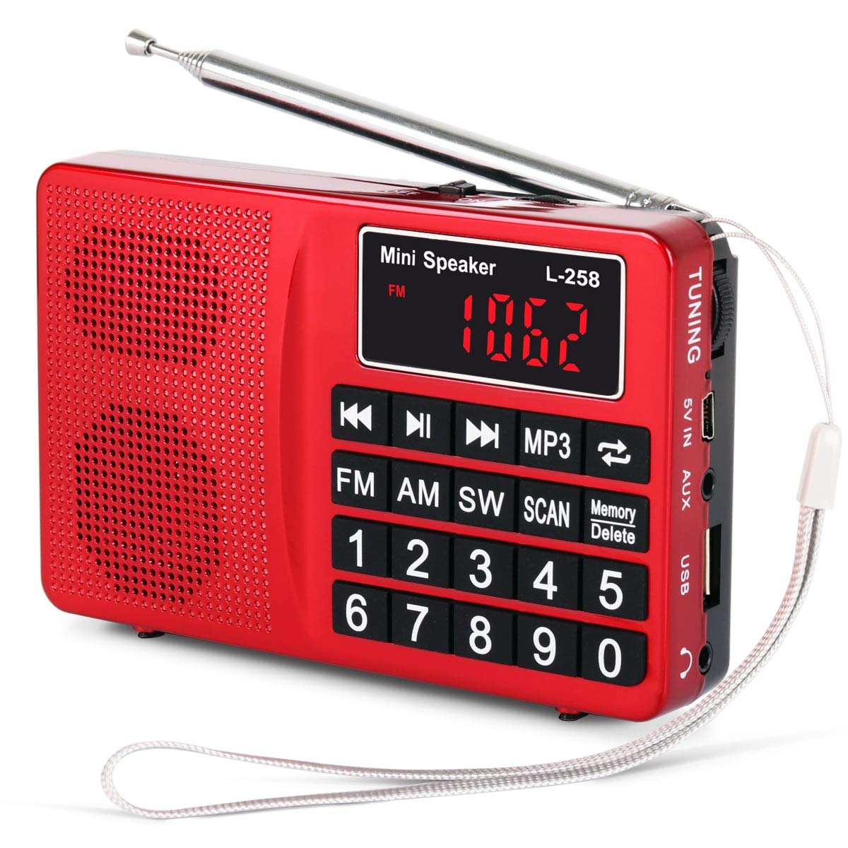 PRUNUS L-258 Small Radio Portable and Mains, AM(MW)/SW/FM Radio Rechargeable with Bass Speaker, Large Button and Display. Stores Stations Automatically.(NO Manual Memory Stations Function)