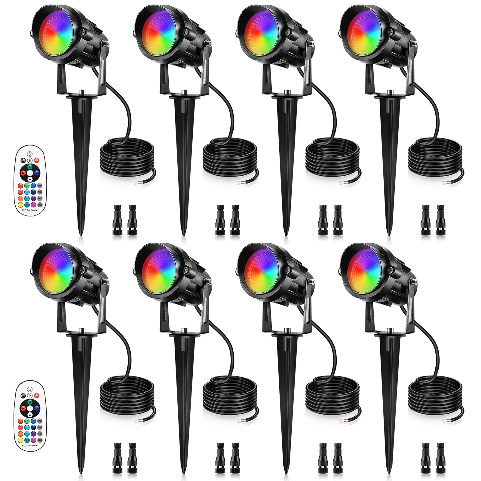 Photo 1 of 12W RGBW Color Changing Landscape Lights - Low Voltage LED Landscape Lighting, Remote Control Spotlight Outdoor Waterproof Garden Pathway Halloween Christmas Spot Lights, 8 Pack with Connector