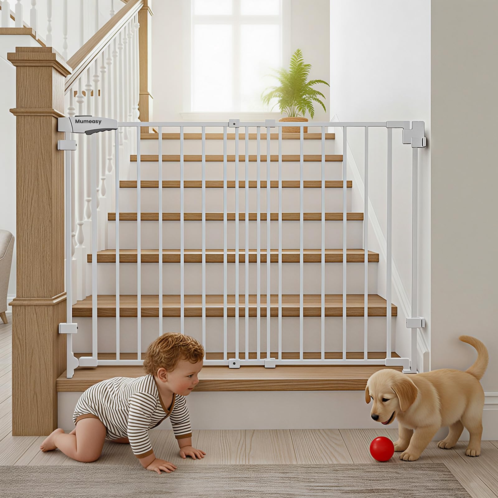 Photo 1 of ***MISSING SCREWS*** Mumeasy 29.5-43.3" Baby Gate for Stairs, No Bottom Bar Dog Gate with Removable Door & Slide-Adjust Drill Mount, Extra Wide Stairway & Hallway Walk Thru Pet Safety Gate for Doorways, Kitchen (White)