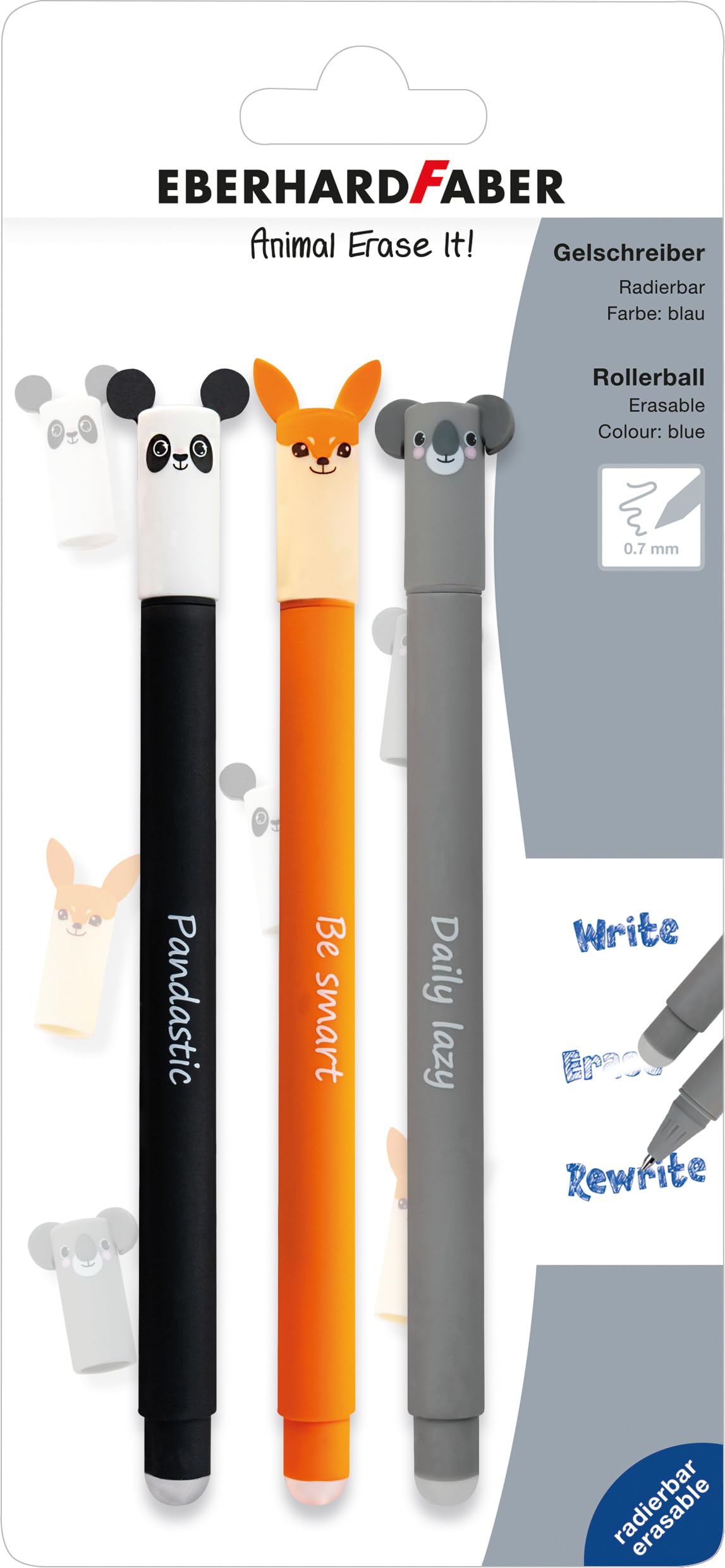EBERHARD FABER 582123 - Tintenroller radierbar, 3 Animal Erase it Panda, Fuchs, Koala, Gelschreiber blau 0,7 mm