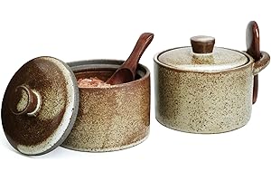 SEICASAYA Artisan Speckled Ceramic Salt Cellar with Wood Spoon, Handcrafted Vintage Spice Jar, Multi-Purpose Storage, 250ml (
