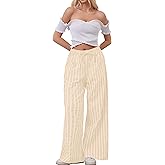 AIHUKOCY Women Drawstring Stripe Wide Leg Casual Trousers Striped Low Rise Casual Loose Lounge Pants with Pockets