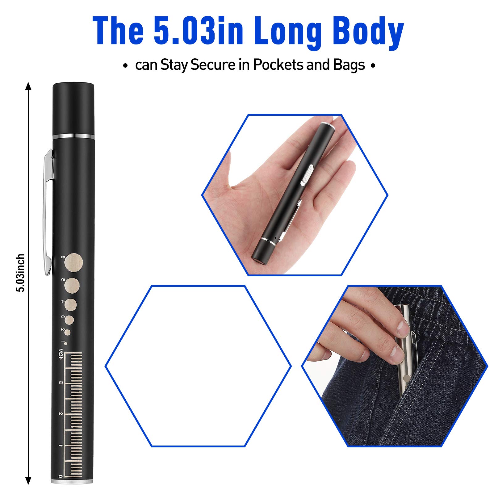 Honoson Pen Light, Reusable LED Penlight for Students Doctors Nurses with 2 LED Sources, USB Rechargeable, Extra Warm Light Bulb, Pocket Clip(Black, Silver,2 Pieces)