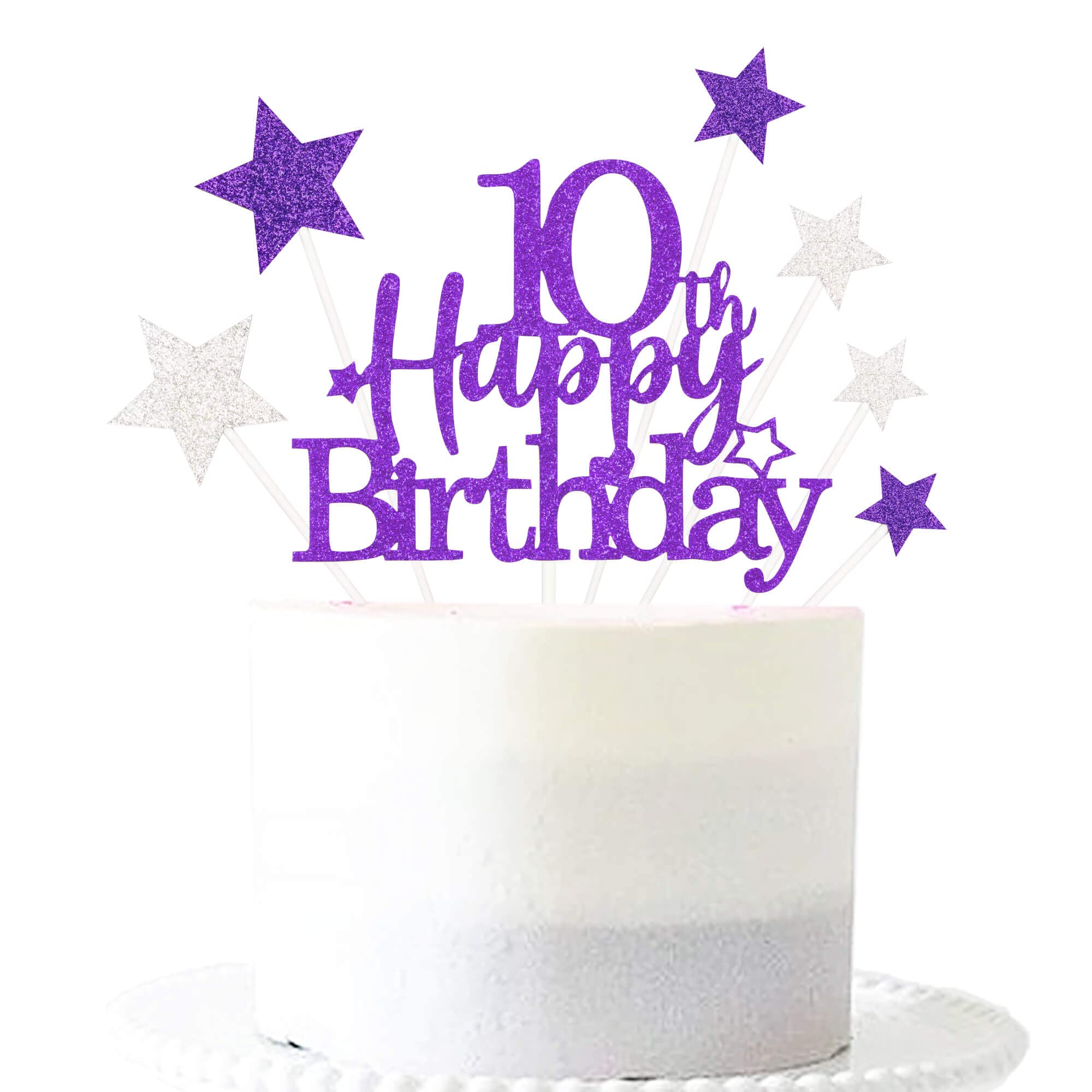 Glittery 10th Happy Birthday Cake Topper with Star,Personalised 1 Birthday Cake Toppers Party Decorations Party Supplies for Baby Boys Girls Purple Silver
