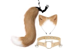 QINRUAN Cat Ears and Wolf Fox Animal Tail Cosplay Costume Faux Fur Hair Clip Headdress Halloween Leather Neck Chocker Set