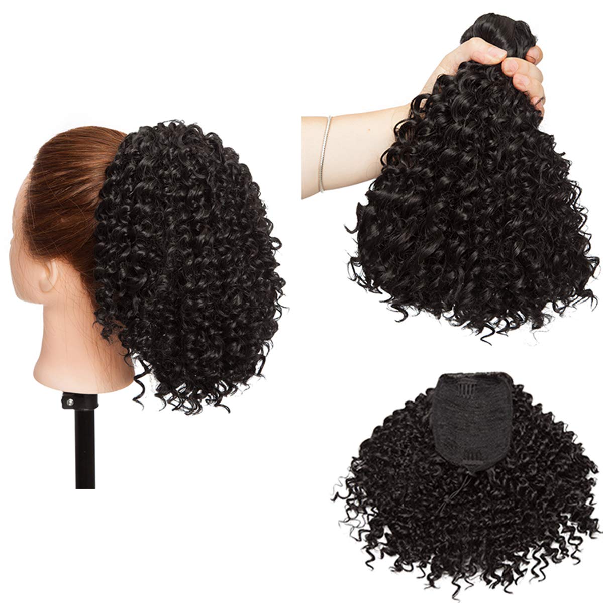 Short Afro Curly Ponytail Hair Extensions Piece for African American Black Women Ponytail Extension Afro Drawstring Curly Ponytail for Women Dark Black