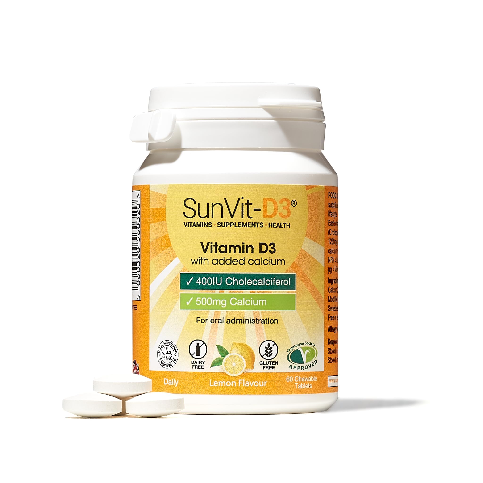 SunVit-D3 Vitamin D3 400IU with Added 500mg Calcium Lemon Tablets - Support The Maintenance of Bone, Teeth, Muscle & Immune System - 60 Lemon Chewable Tablets