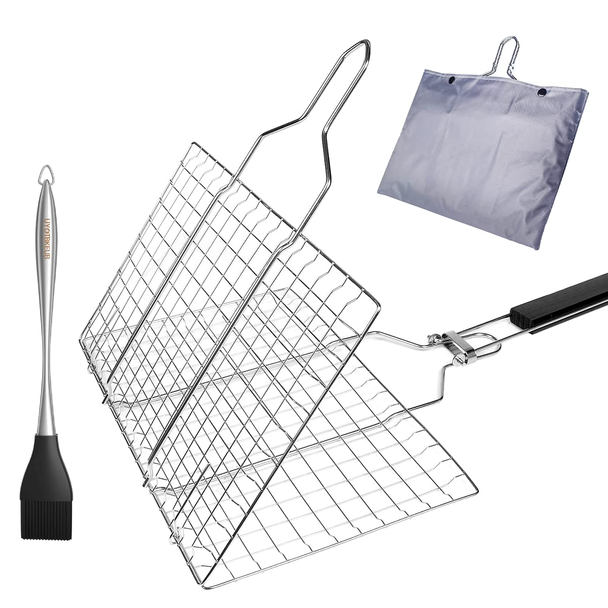 Uong Barbecue Grilling Basket, Portable Stainless Steel Grill Basket Folding BBQ Grill Net BBQ Accessories with Wooden Handle for Roast Fish Vegetable Shrimp Seafood (32 * 32CM)