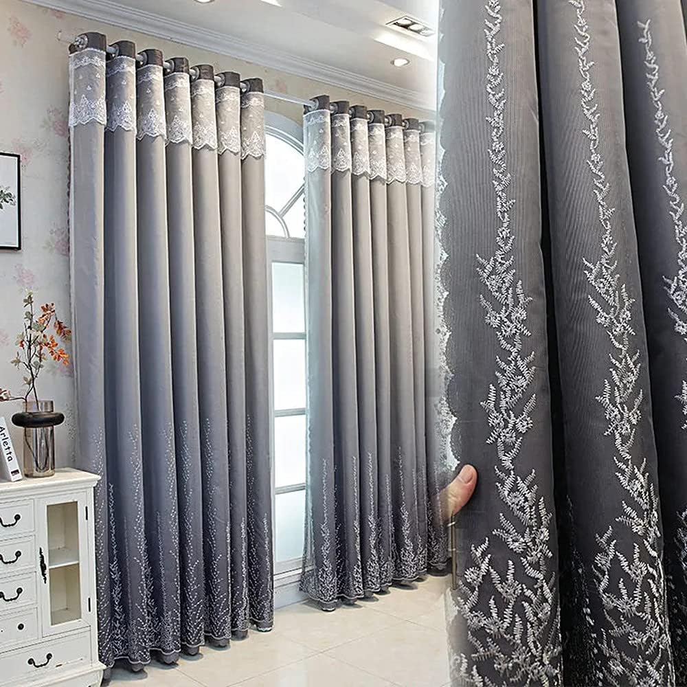 Amidoudou Gradient Coral Tree Embroidered Blackout Curtains - 66x84 Inch Double Layer Luxury Drapes for Living Room & Bedroom, Grey (1 Pair)