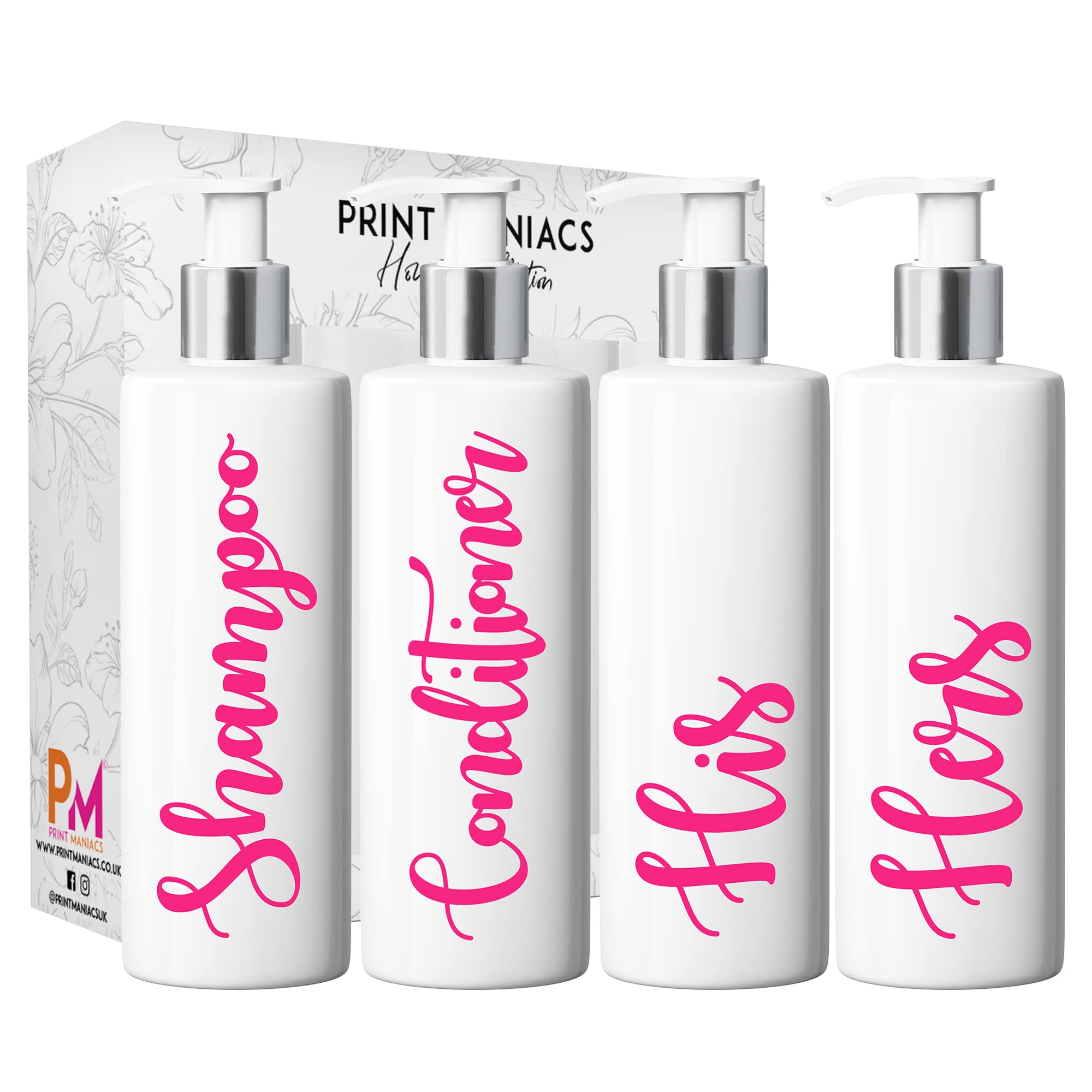 Print Maniacs White Mrs Hinch Inspired Personalised 500ml Pump Bottles Bathroom Lotion Kitchen Set Shampoo Conditioner (Set 4 His Her ) (Pink)