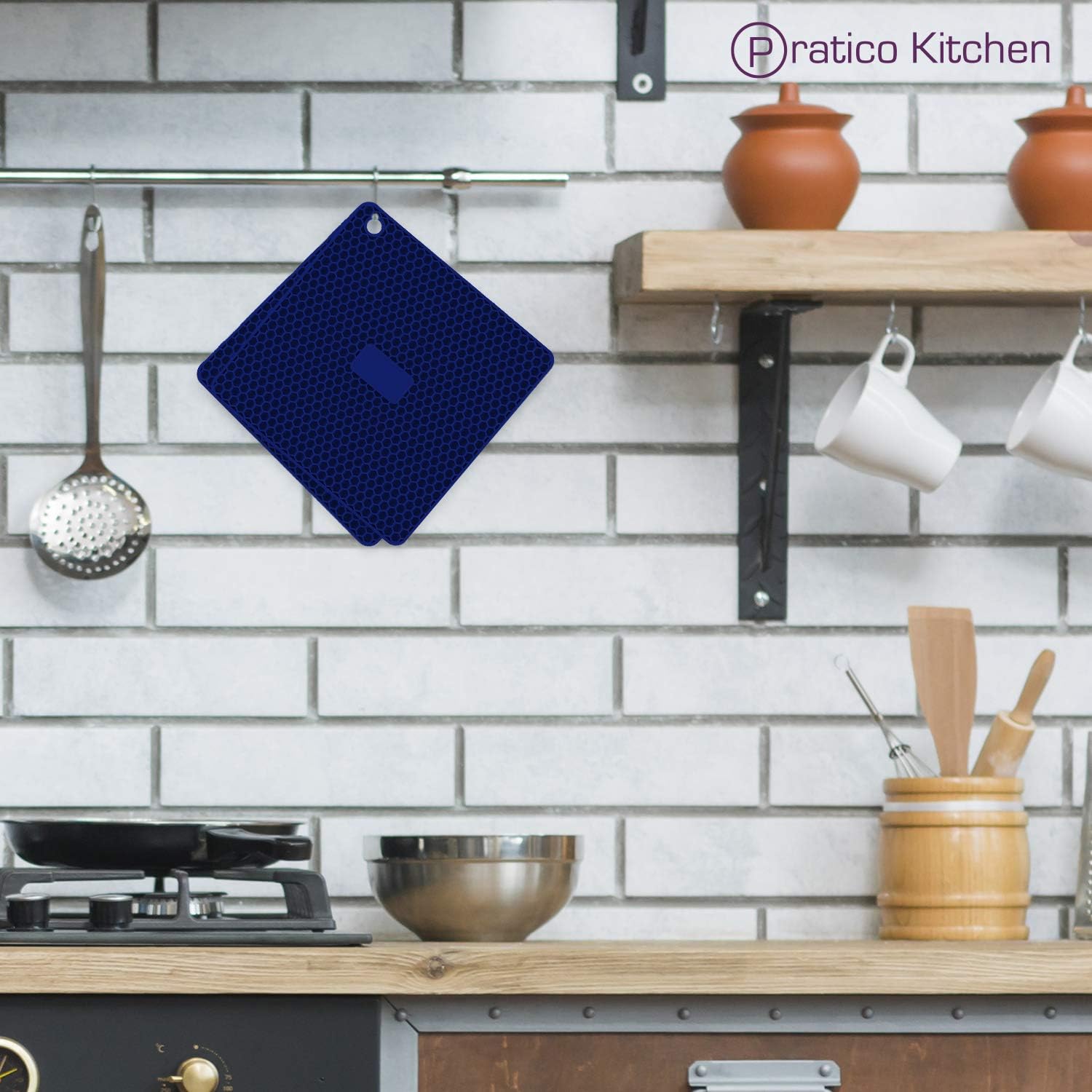 Pratipad PLUS 4-in-1 Multipurpose Silicone Pot Holders, Trivets, Jar Openers, Spoon Rests - Extra Thick Protection - Set of 2 Navy Blue: Office Products
