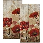 Imiss Red Poppy Flower Hand Towels Set of 2 - Rustic Brown Wooden Multi-Purpose Guest Kitchen Towel 14.4 x 28.3 Inch for Face Bathroom Gym Spa