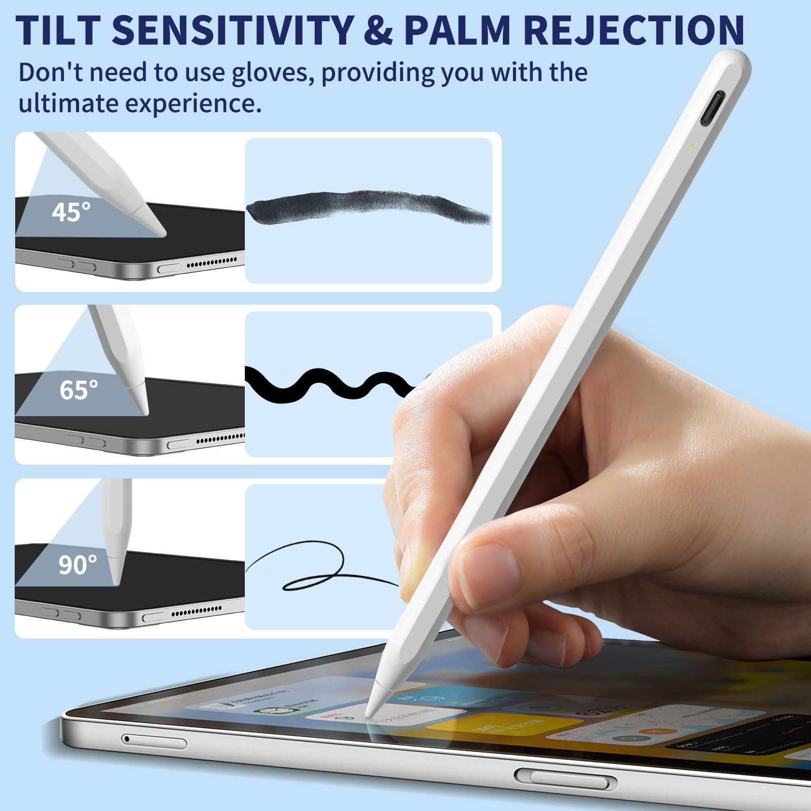 iPad Apple Pencil 9th&10th Generation, Fast Charge Stylus Pen for Palm Rejection and Tilt Sensitivity, Compatible with iPad Pro 11/12.9in, Mini 5/6, iPad 6/7/8/9/10, Air 3/4/5 (White)